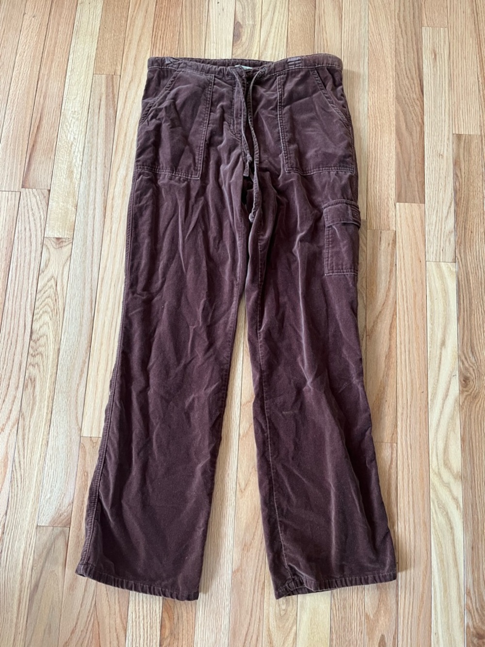 Y2K Brown Velour Wide Leg Cargo Pants 8 100% Cotton Earthy Cottagecore Neutral